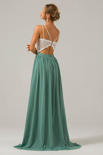 Eukalyptus Åpne tilbake Boho Chiffon Long brudepike kjole med blonder
